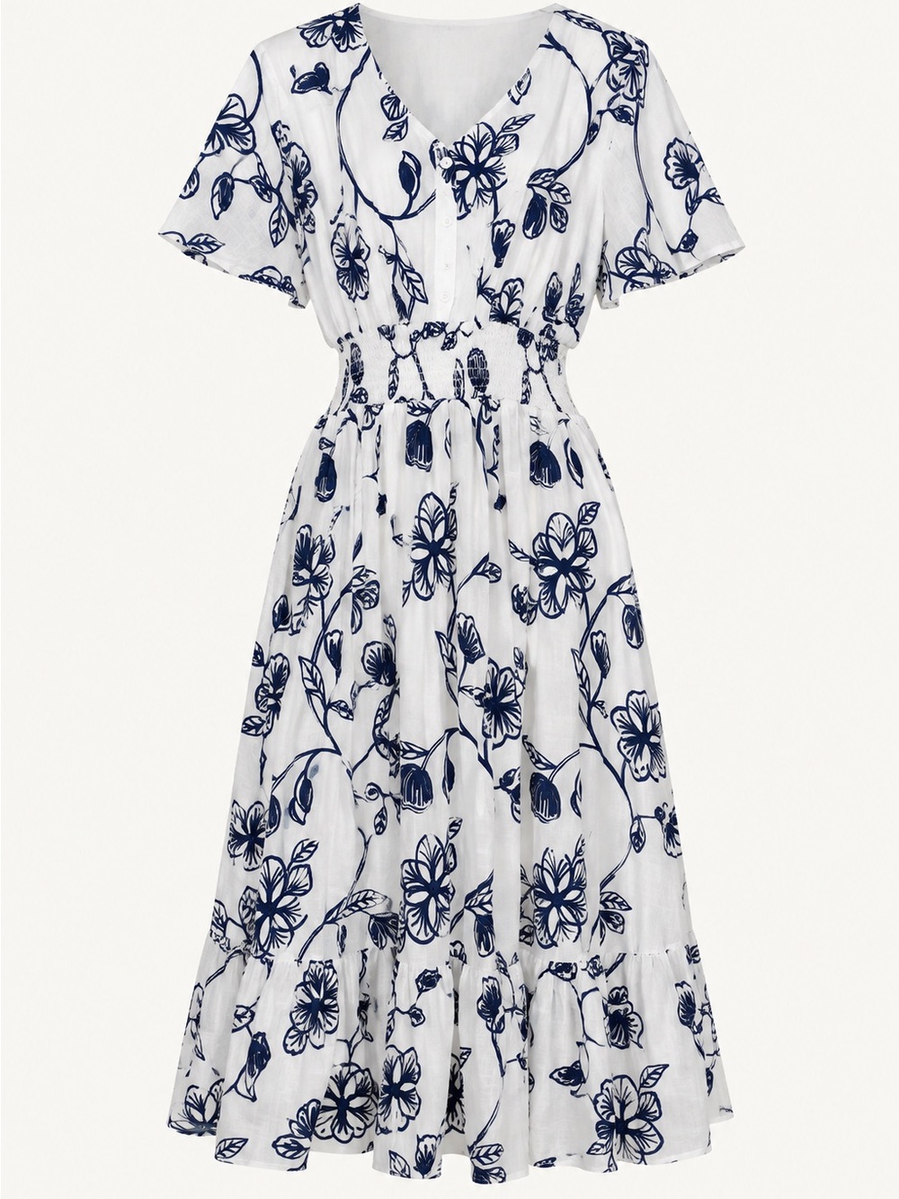 Navy White Floral Smocked Waist Midi Dress Cottagecore M - Picture 2 of 9